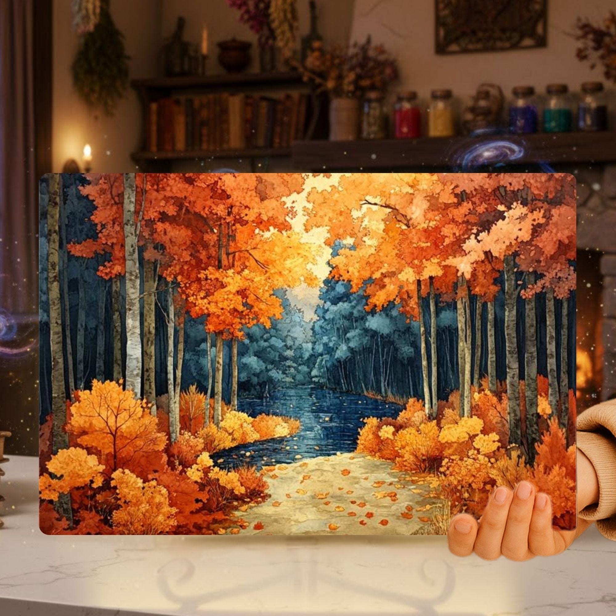 Autumn Forest Path Glass Cutting Board, Cozy Woodland Kitchen Counter Art, Fall Leaves Scenic Glass Board, Rustic Nature Home Accent