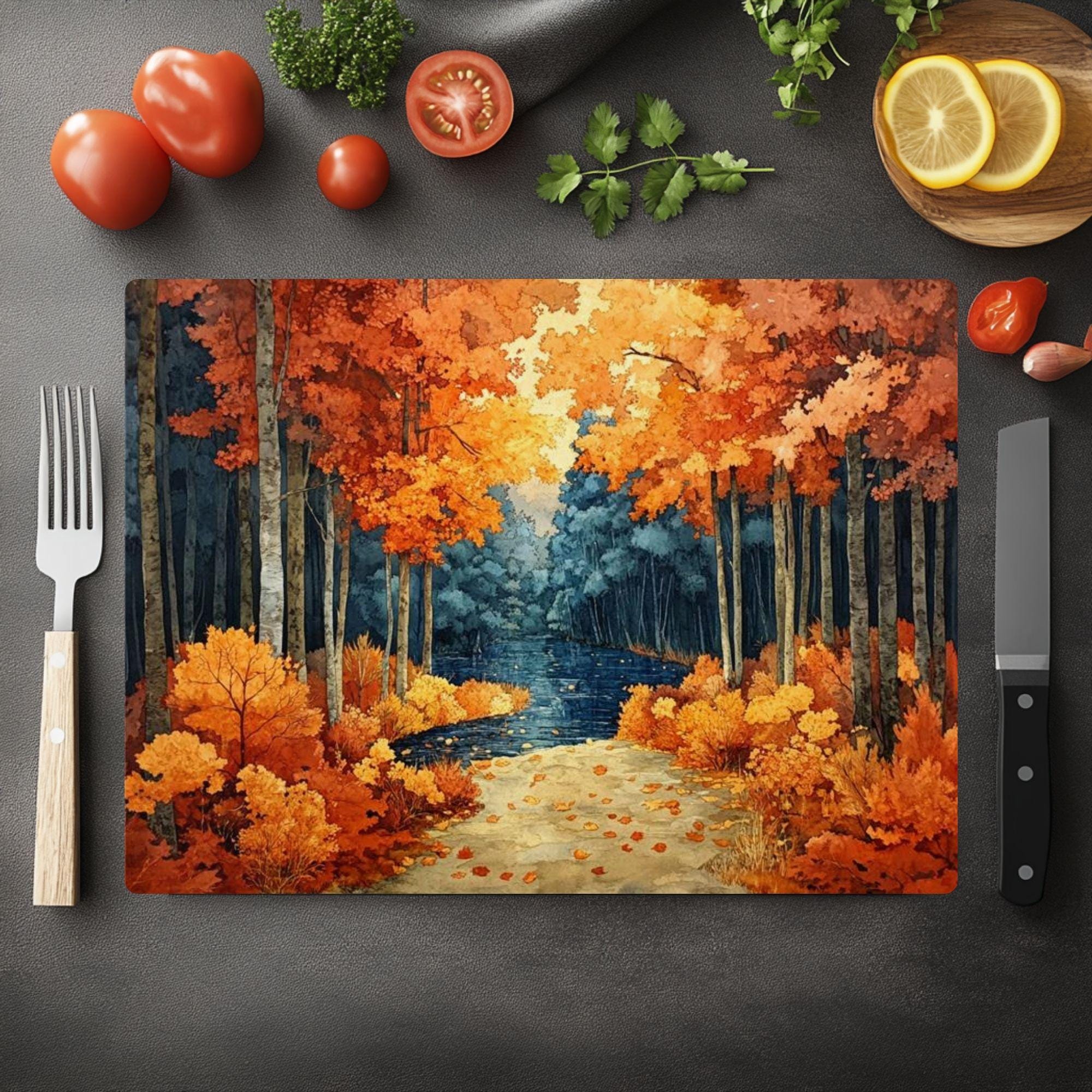 Autumn Forest Path Glass Cutting Board, Cozy Woodland Kitchen Counter Art, Fall Leaves Scenic Glass Board, Rustic Nature Home Accent