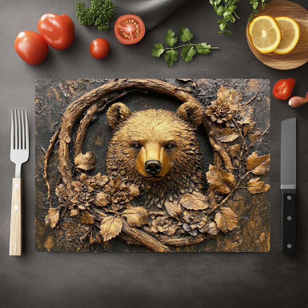 Golden Bear Glass Cutting Board, Rustic Woodland Animal Counter Art, Textured Forest Kitchen Decor, Nature Inspired Serving Board