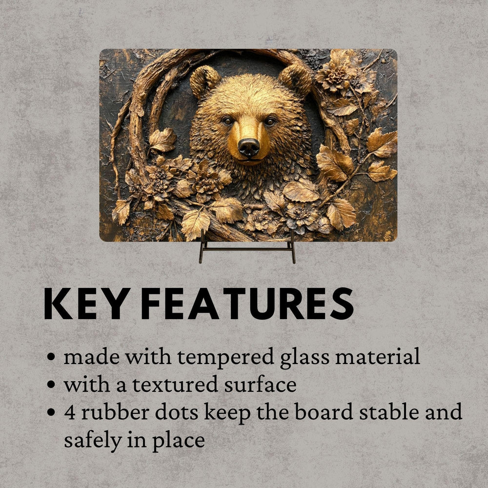 Golden Bear Glass Cutting Board, Rustic Woodland Animal Counter Art, Textured Forest Kitchen Decor, Nature Inspired Serving Board