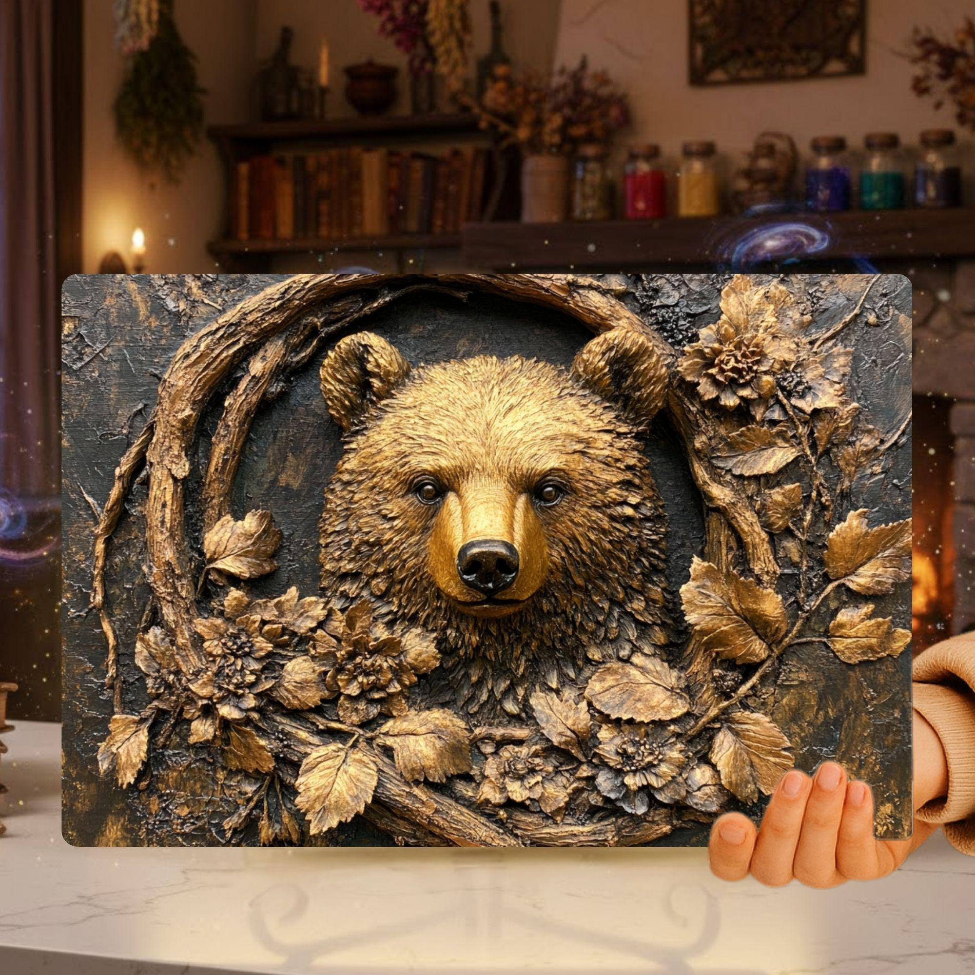 Golden Bear Glass Cutting Board, Rustic Woodland Animal Counter Art, Textured Forest Kitchen Decor, Nature Inspired Serving Board