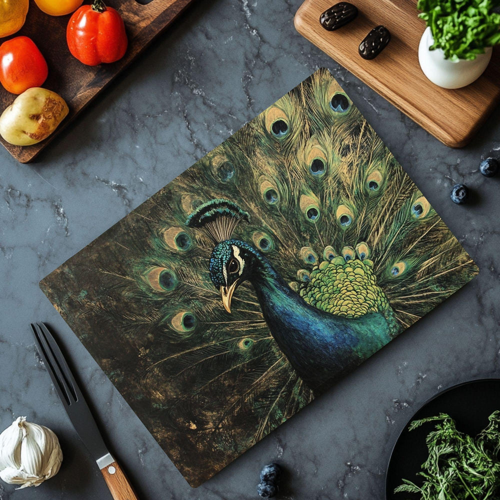 Emerald Peacock Glass Cutting Board, Elegant Bird Kitchen Counter Art, Jewel Tone Feathers Decor, Luxury Glass Serving and Prep Board