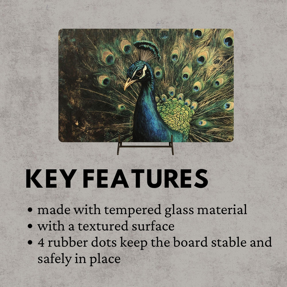 Emerald Peacock Glass Cutting Board, Elegant Bird Kitchen Counter Art, Jewel Tone Feathers Decor, Luxury Glass Serving and Prep Board