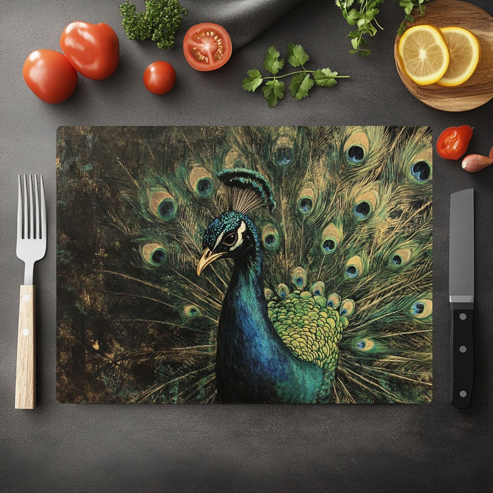 Emerald Peacock Glass Cutting Board, Elegant Bird Kitchen Counter Art, Jewel Tone Feathers Decor, Luxury Glass Serving and Prep Board