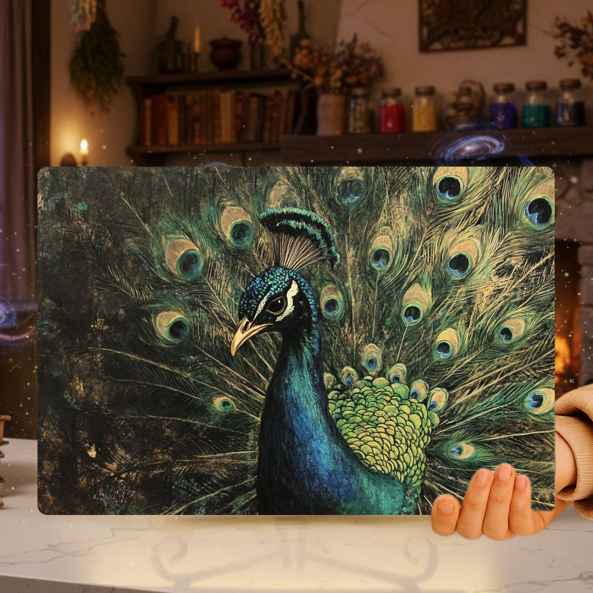 Emerald Peacock Glass Cutting Board, Elegant Bird Kitchen Counter Art, Jewel Tone Feathers Decor, Luxury Glass Serving and Prep Board