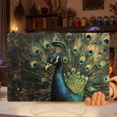 Emerald Peacock Glass Cutting Board, Elegant Bird Kitchen Counter Art, Jewel Tone Feathers Decor, Luxury Glass Serving and Prep Board