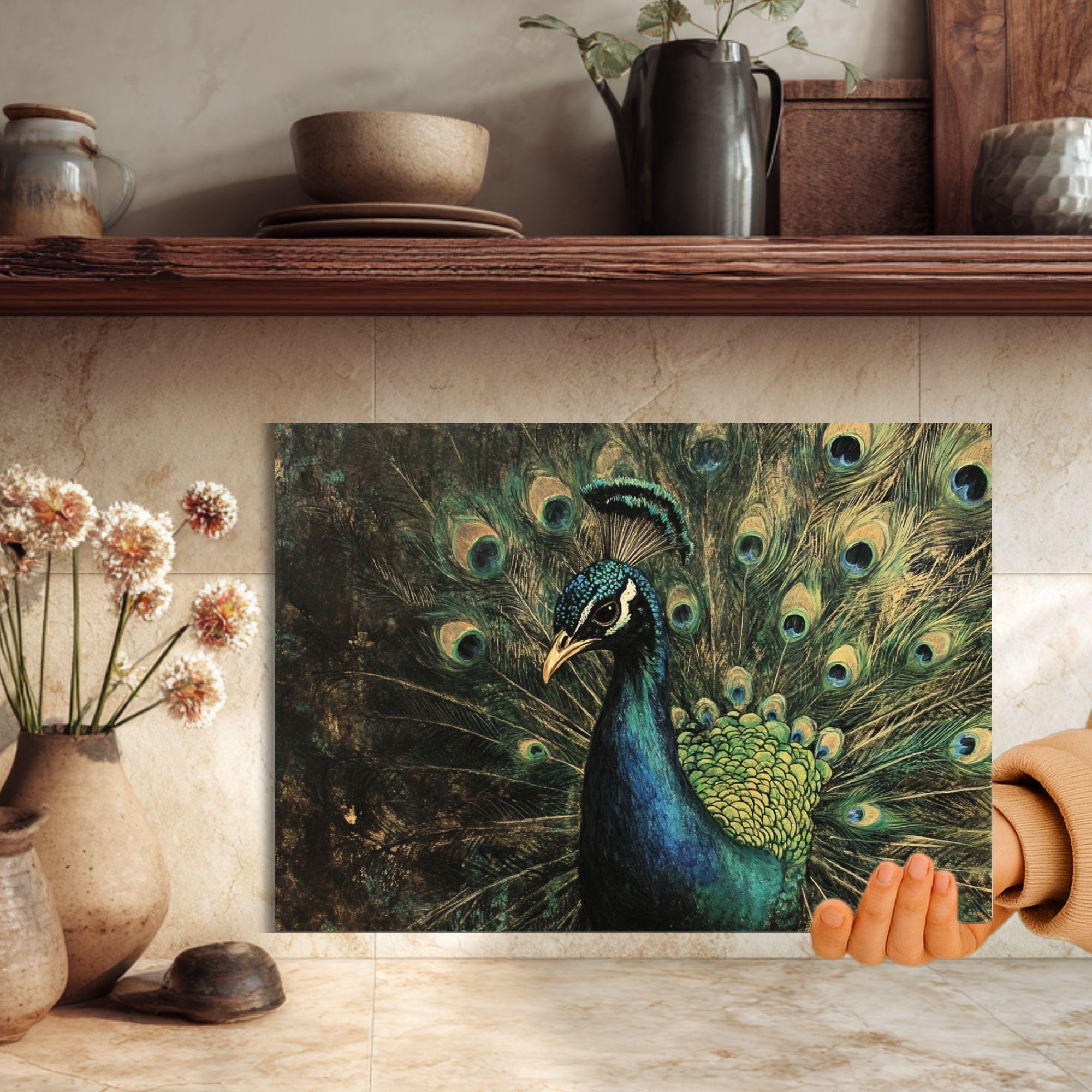 Emerald Peacock Glass Cutting Board, Elegant Bird Kitchen Counter Art, Jewel Tone Feathers Decor, Luxury Glass Serving and Prep Board