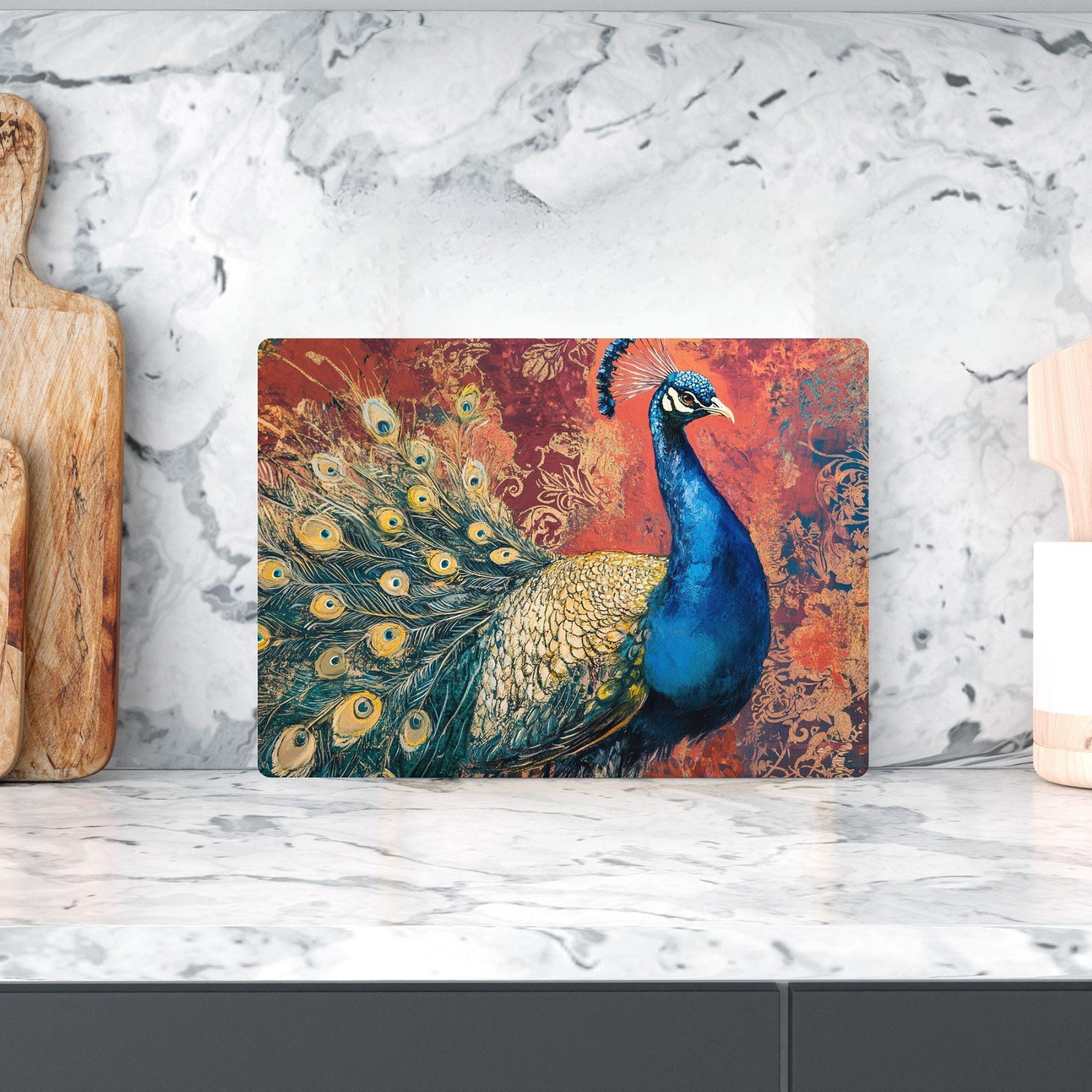 Vibrant Peacock Glass Cutting Board, Kitchen Counter Art, Colorful Design Glass Board, Artistic Serving Tray