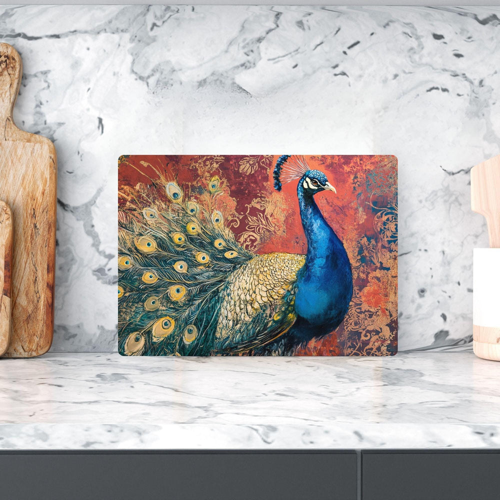 Vibrant Peacock Glass Cutting Board, Kitchen Counter Art, Colorful Design Glass Board, Artistic Serving Tray