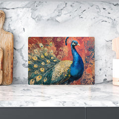 Vibrant Peacock Glass Cutting Board, Kitchen Counter Art, Colorful Design Glass Board, Artistic Serving Tray