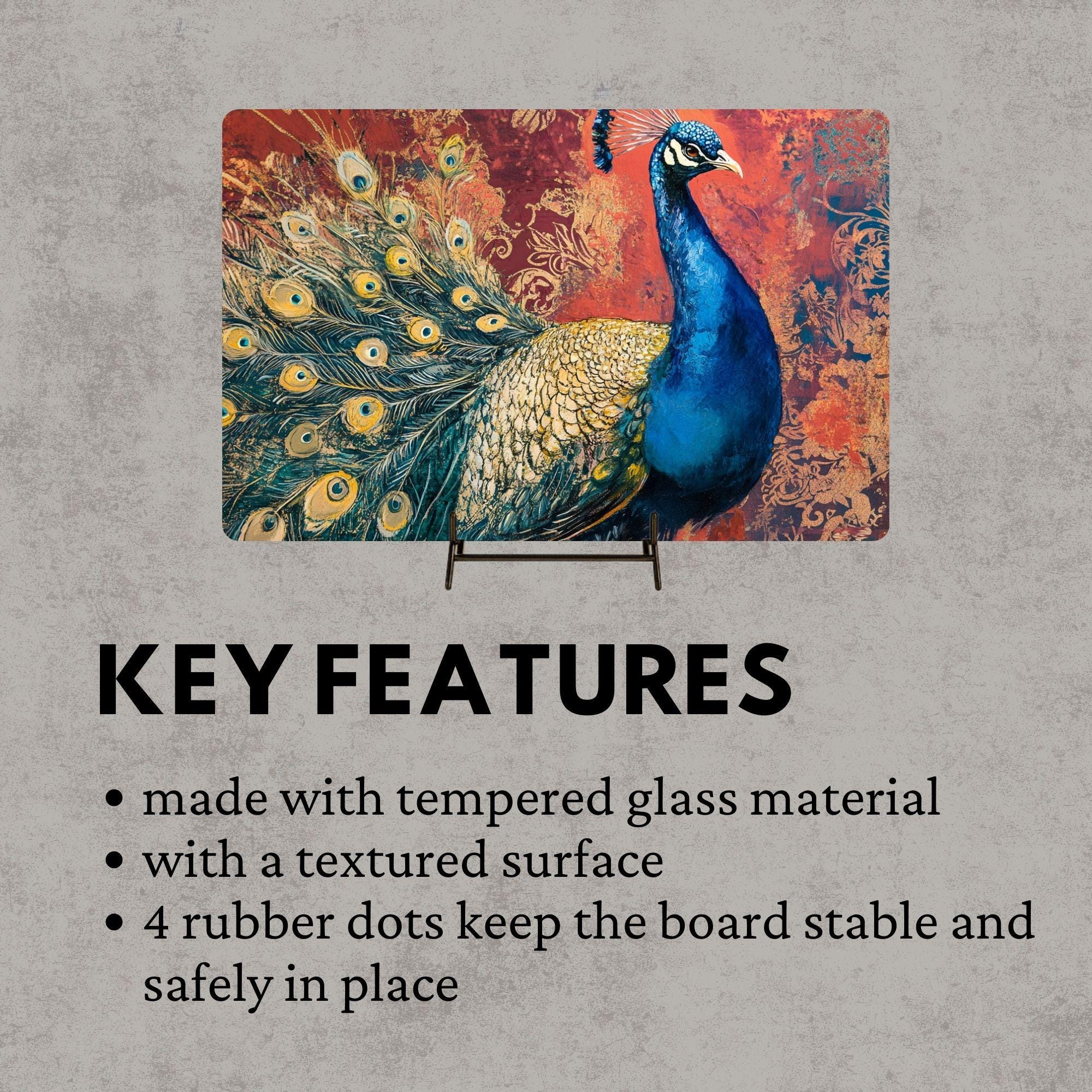 Vibrant Peacock Glass Cutting Board, Kitchen Counter Art, Colorful Design Glass Board, Artistic Serving Tray