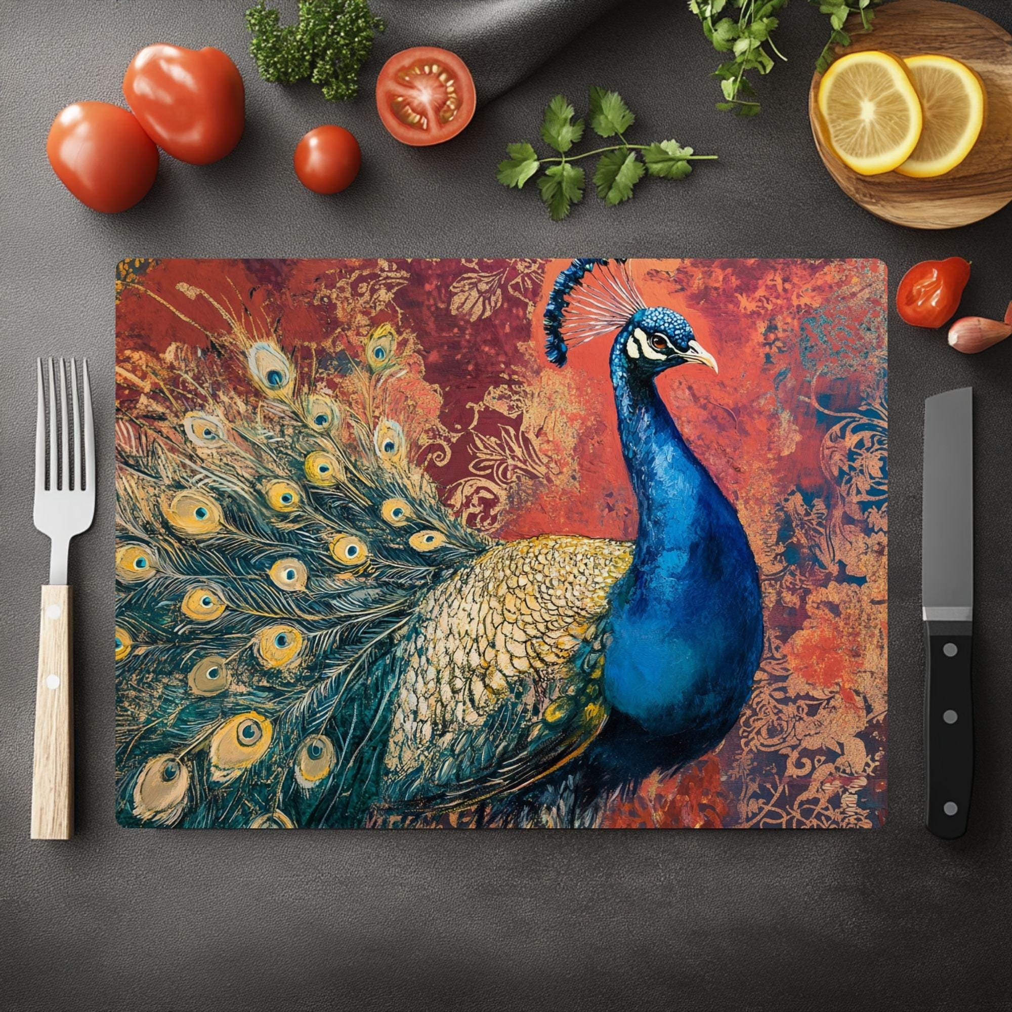 Vibrant Peacock Glass Cutting Board, Kitchen Counter Art, Colorful Design Glass Board, Artistic Serving Tray