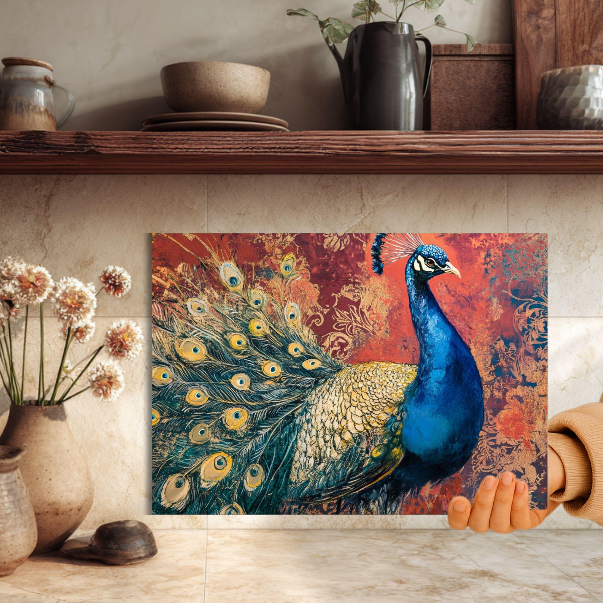 Vibrant Peacock Glass Cutting Board, Kitchen Counter Art, Colorful Design Glass Board, Artistic Serving Tray