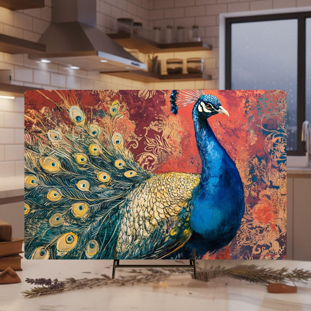 Vibrant Peacock Glass Cutting Board, Kitchen Counter Art, Colorful Design Glass Board, Artistic Serving Tray