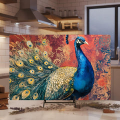 Vibrant Peacock Glass Cutting Board, Kitchen Counter Art, Colorful Design Glass Board, Artistic Serving Tray