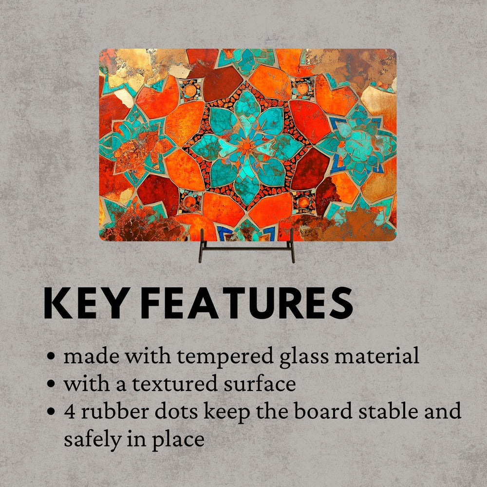 Teal Orange Floral Mosaic Glass Cutting Board, Boho Kitchen Glass Counter Art, Mediterranean Flower Tile Prep Board, Colorful Kitchen Decor