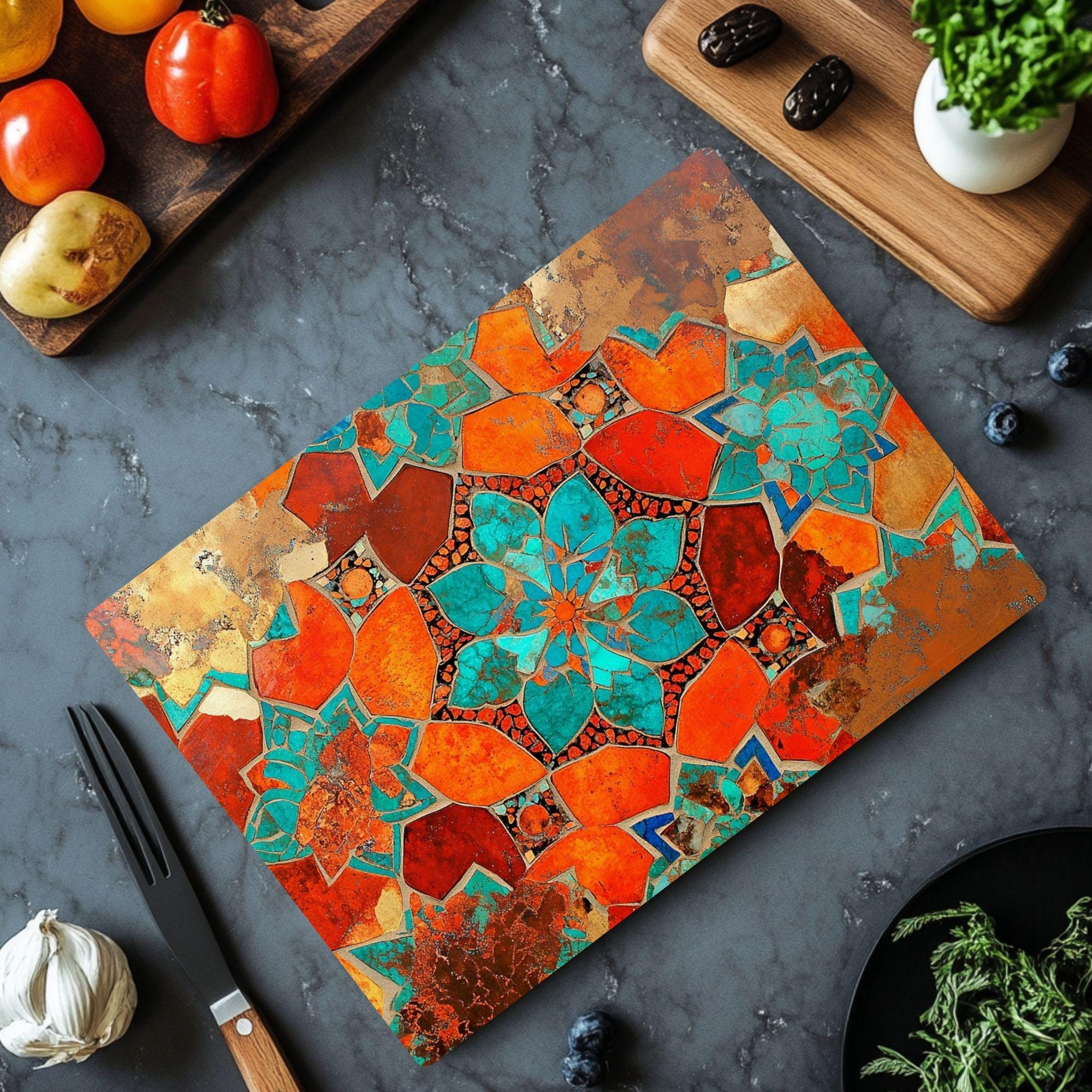 Teal Orange Floral Mosaic Glass Cutting Board, Boho Kitchen Glass Counter Art, Mediterranean Flower Tile Prep Board, Colorful Kitchen Decor