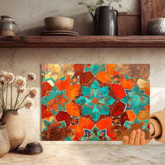 Teal Orange Floral Mosaic Glass Cutting Board, Boho Kitchen Glass Counter Art, Mediterranean Flower Tile Prep Board, Colorful Kitchen Decor