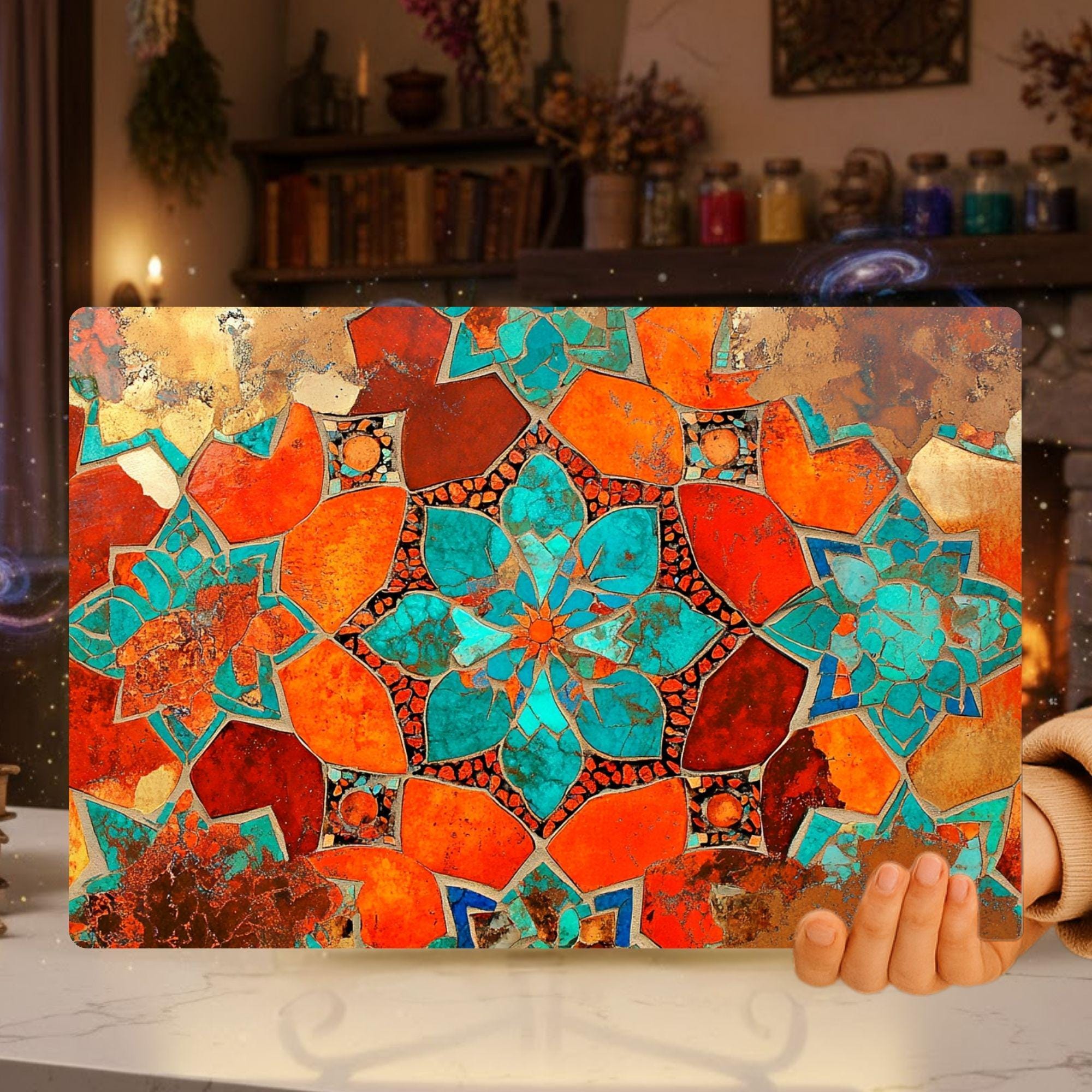 Teal Orange Floral Mosaic Glass Cutting Board, Boho Kitchen Glass Counter Art, Mediterranean Flower Tile Prep Board, Colorful Kitchen Decor