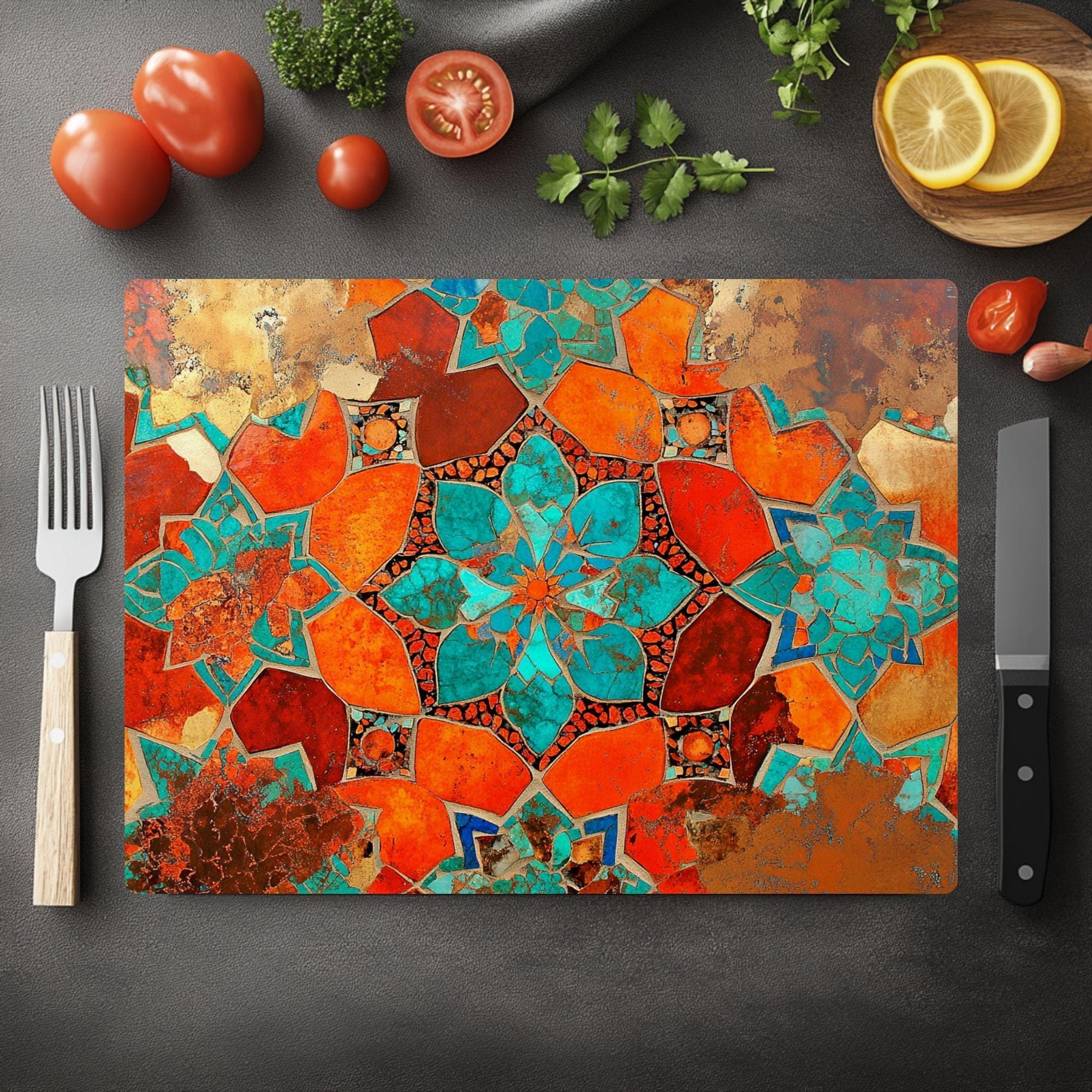 Teal Orange Floral Mosaic Glass Cutting Board, Boho Kitchen Glass Counter Art, Mediterranean Flower Tile Prep Board, Colorful Kitchen Decor