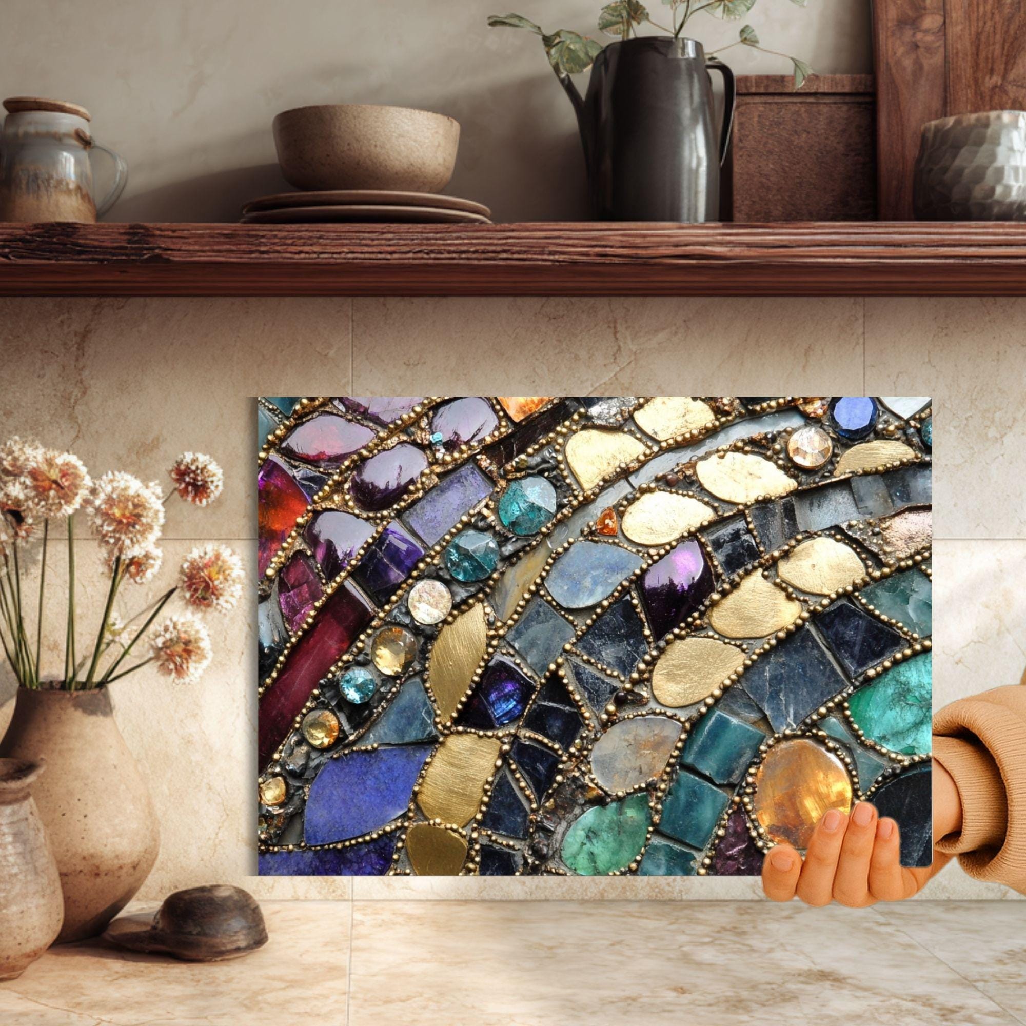 Jewel Tone Gemstone Mosaic Look Glass Cutting Board, Textured Boho Kitchen Glass Counter Art, Stone Pattern Prep Board, Kitchen Gift