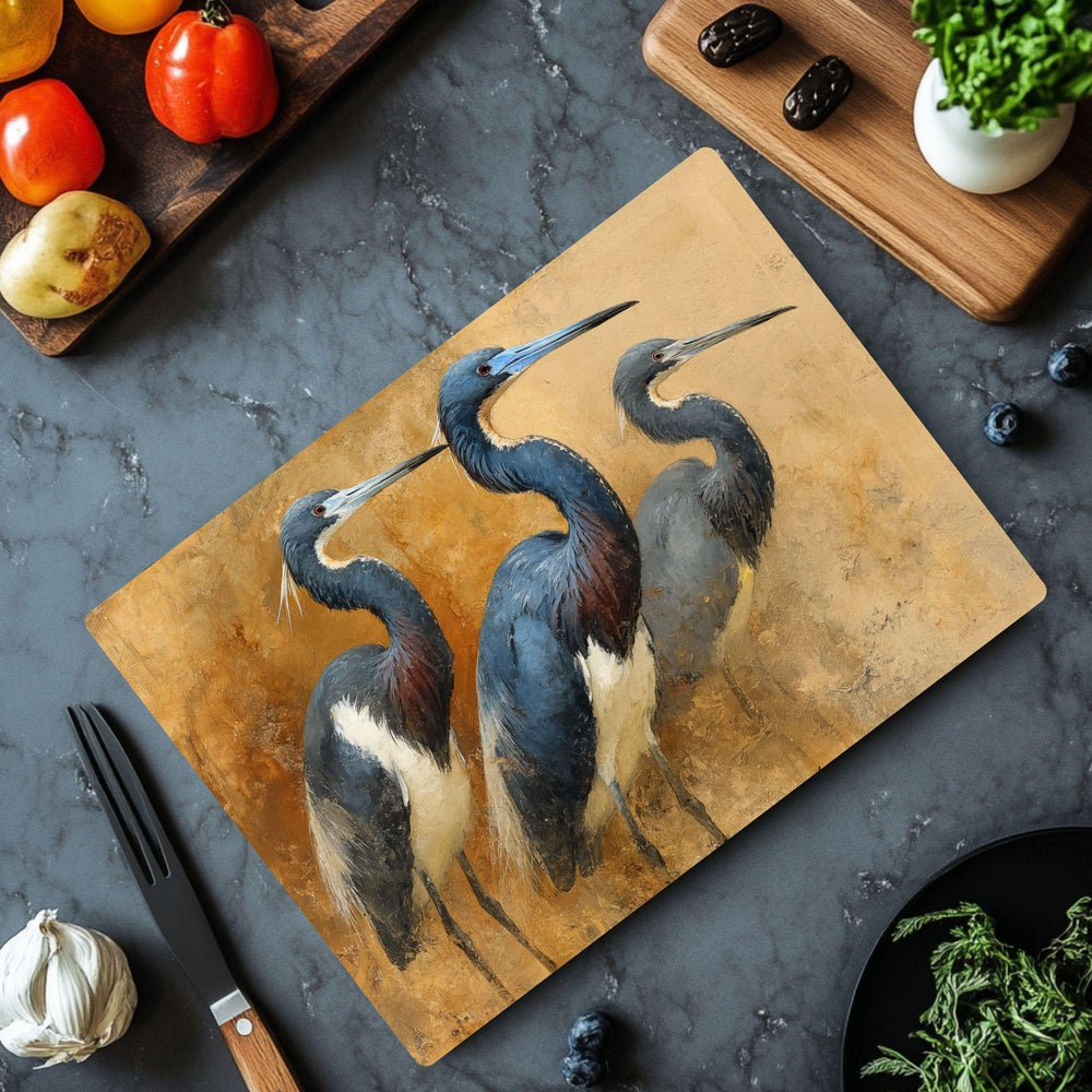 Blue Heron Trio Glass Cutting Board, Coastal Bird Kitchen Glass Counter Art, Elegant Nature Wildlife Prep Board, Beach House Kitchen Decor
