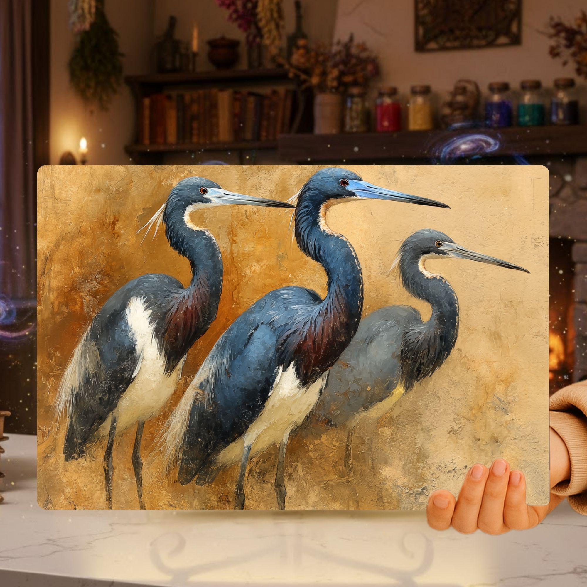 Blue Heron Trio Glass Cutting Board, Coastal Bird Kitchen Glass Counter Art, Elegant Nature Wildlife Prep Board, Beach House Kitchen Decor
