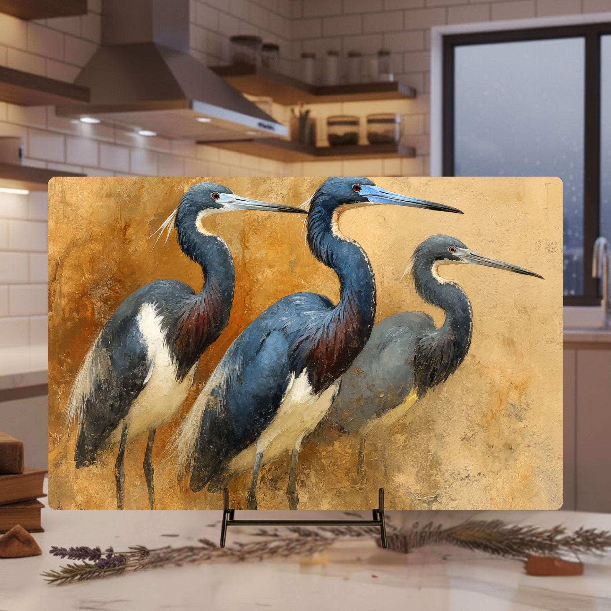 Blue Heron Trio Glass Cutting Board, Coastal Bird Kitchen Glass Counter Art, Elegant Nature Wildlife Prep Board, Beach House Kitchen Decor