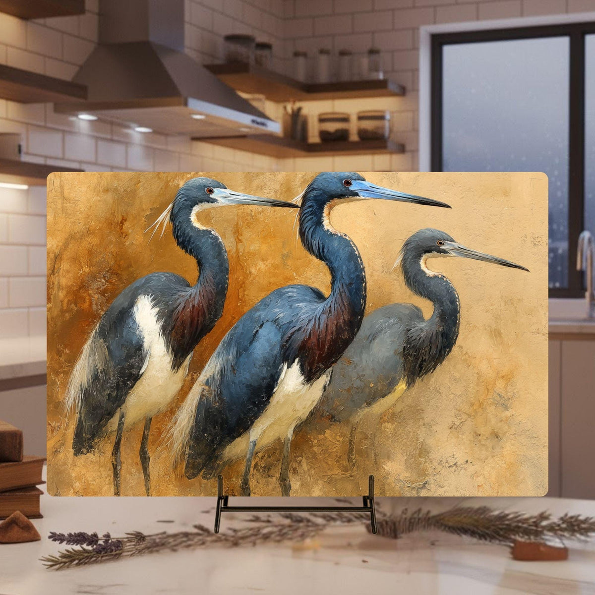 Blue Heron Trio Glass Cutting Board, Coastal Bird Kitchen Glass Counter Art, Elegant Nature Wildlife Prep Board, Beach House Kitchen Decor