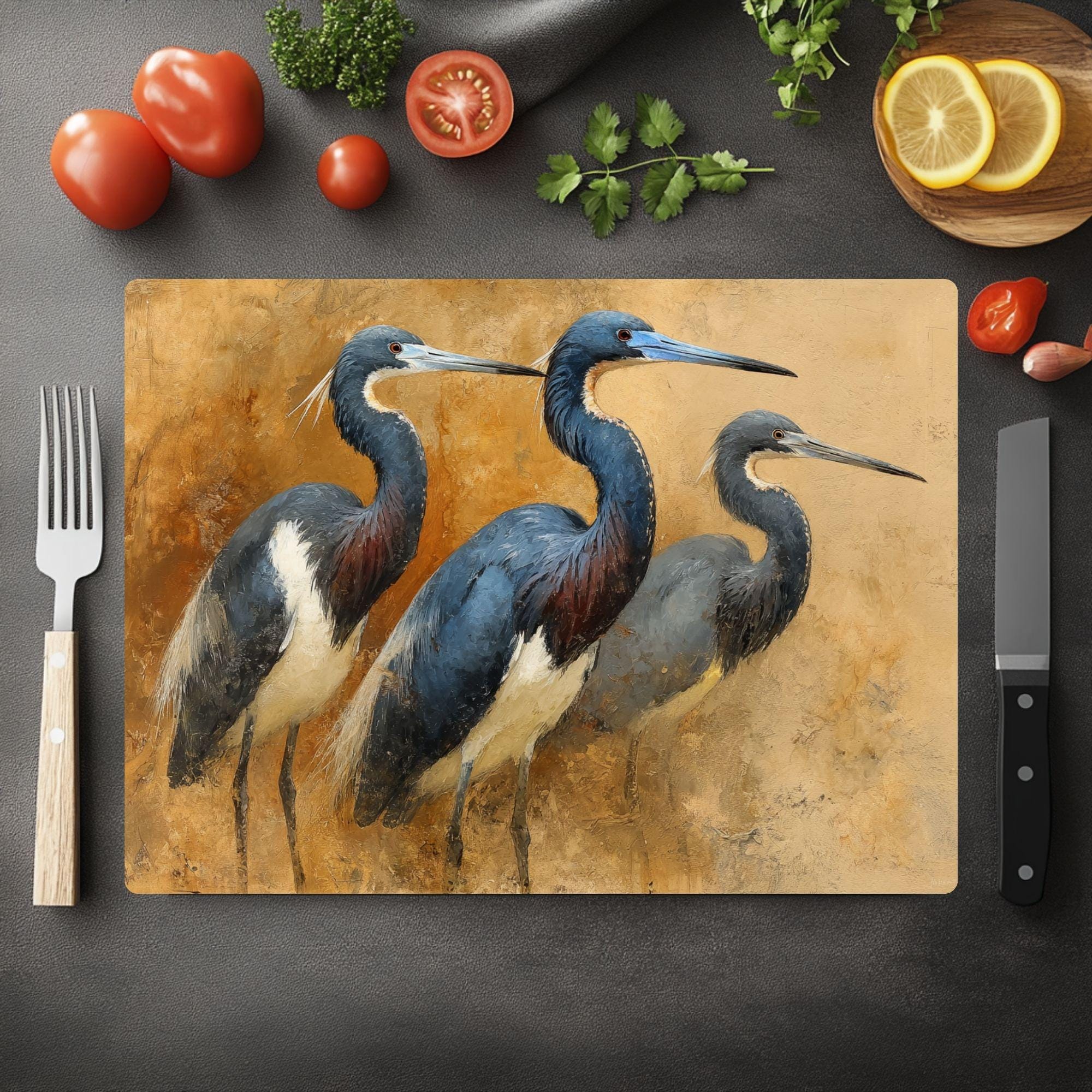Blue Heron Trio Glass Cutting Board, Coastal Bird Kitchen Glass Counter Art, Elegant Nature Wildlife Prep Board, Beach House Kitchen Decor