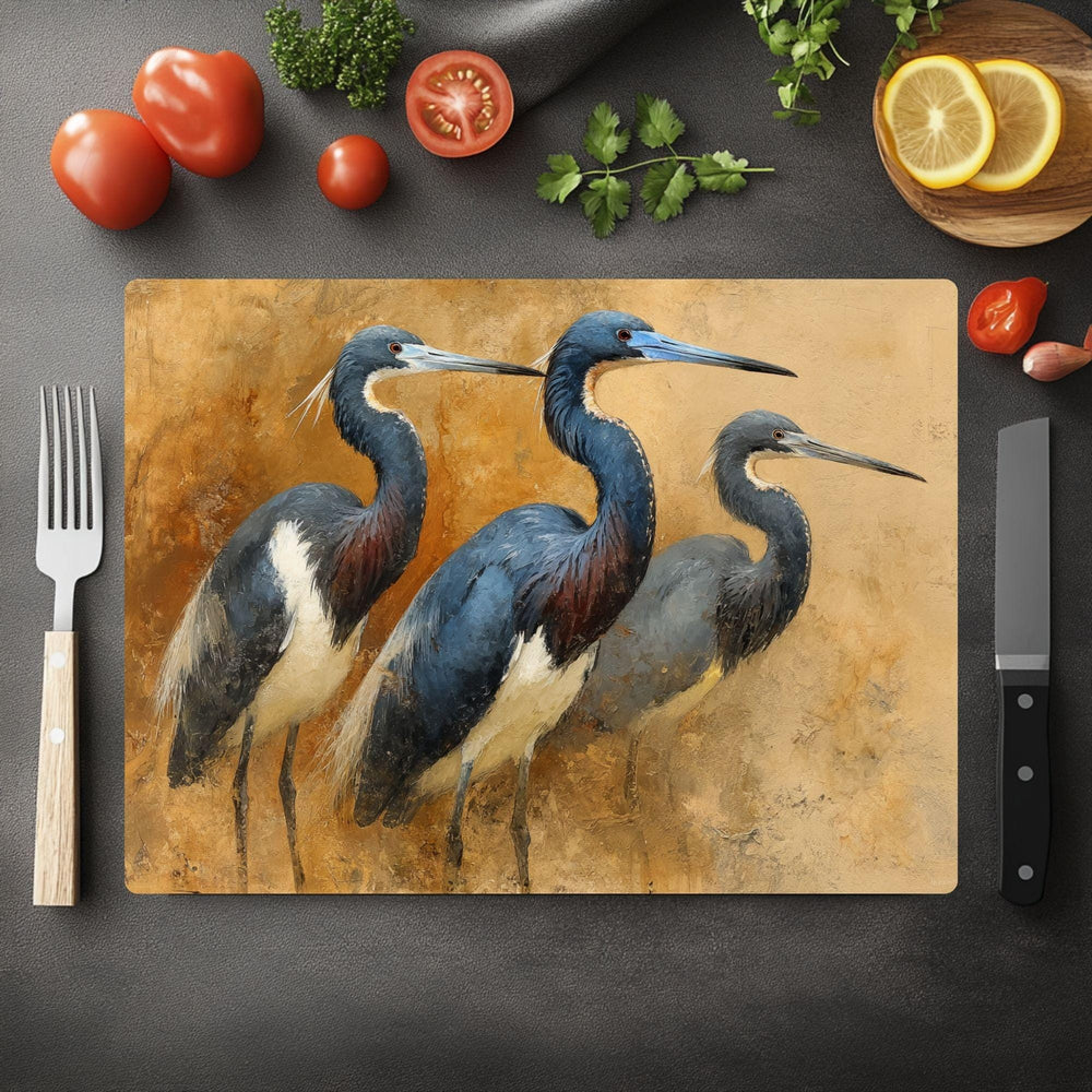 Blue Heron Trio Glass Cutting Board, Coastal Bird Kitchen Glass Counter Art, Elegant Nature Wildlife Prep Board, Beach House Kitchen Decor