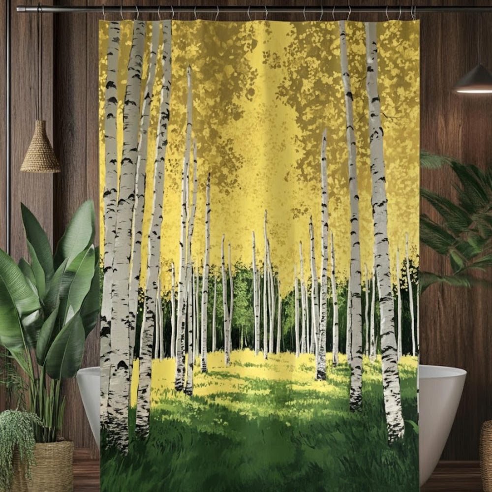 Aspen Forest Shower Curtain, Nature Bathroom Decor, Golden Woodland Landscape Display, Bright Forest Bath Panel,