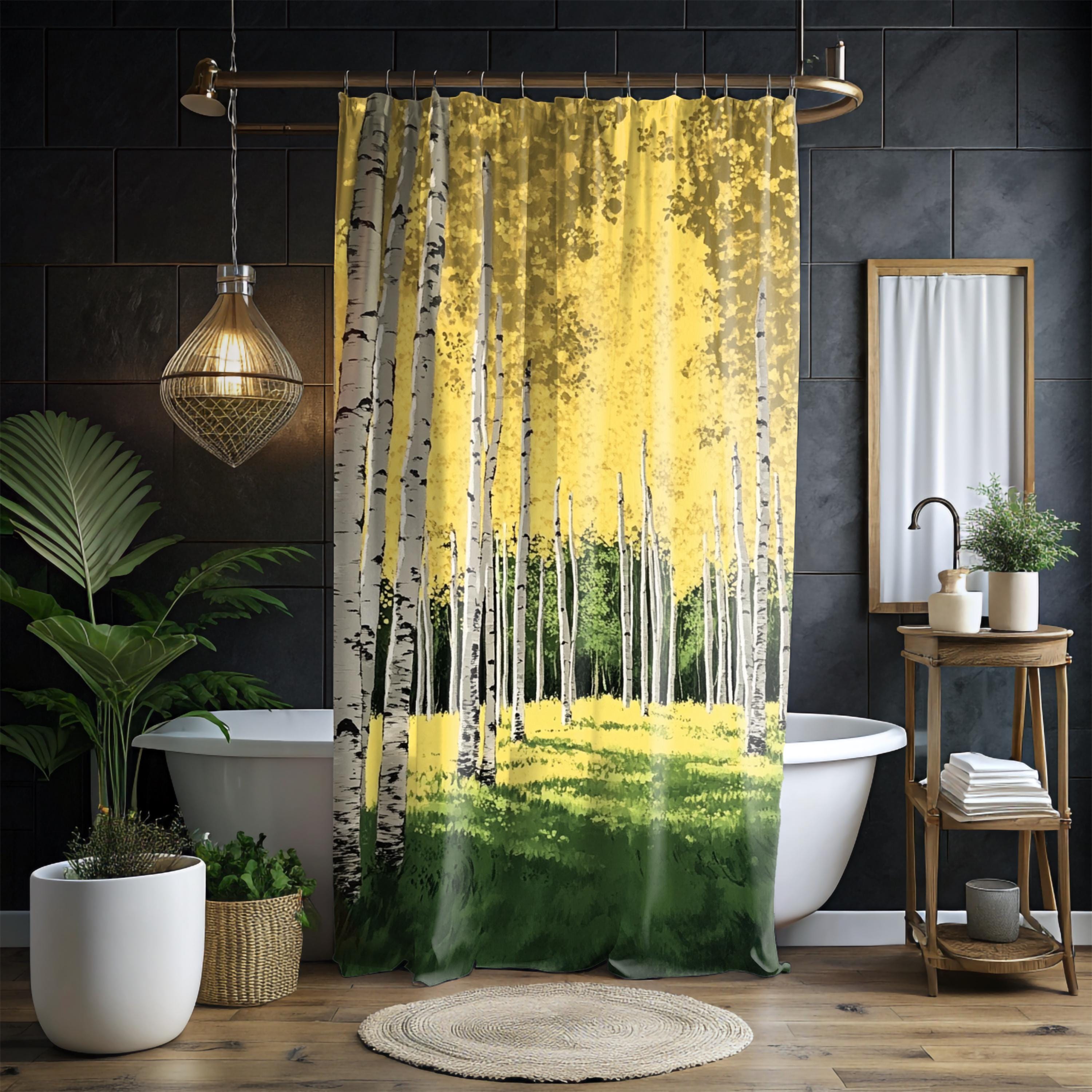 Aspen Forest Shower Curtain, Nature Bathroom Decor, Golden Woodland Landscape Display, Bright Forest Bath Panel,