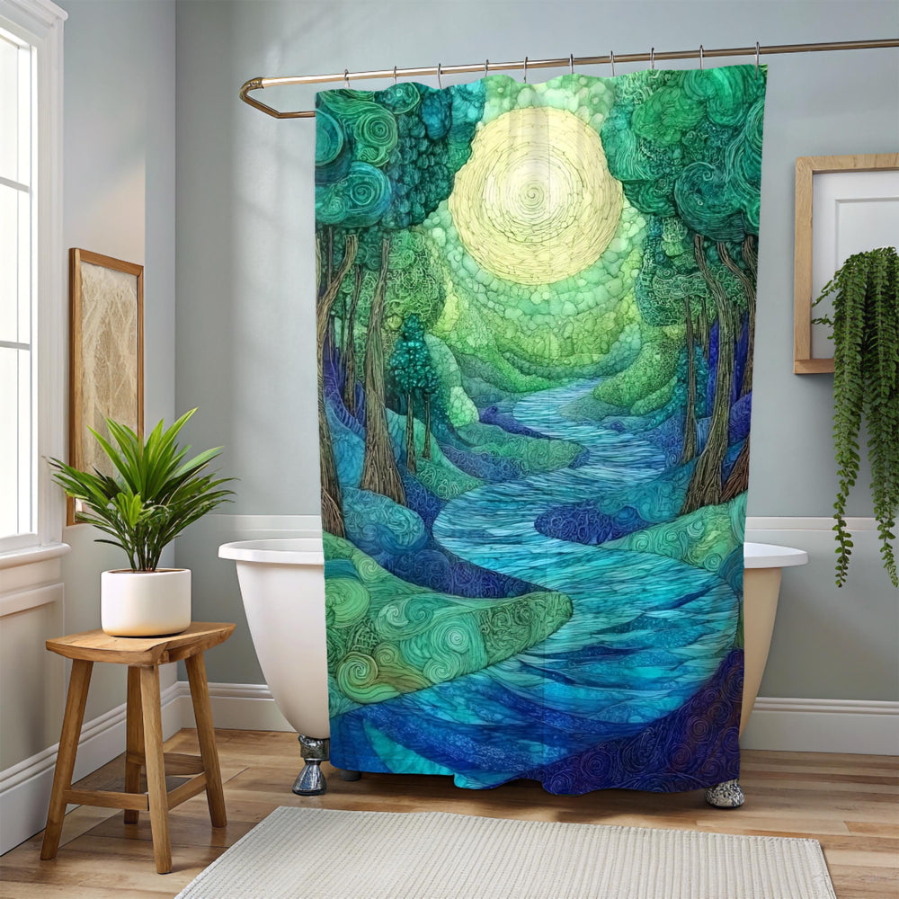 Enchanted River Shower Curtain, Blue Forest Bathroom Decor, Mystical Woodland Display, Artistic Nature Inspired Bath Panel