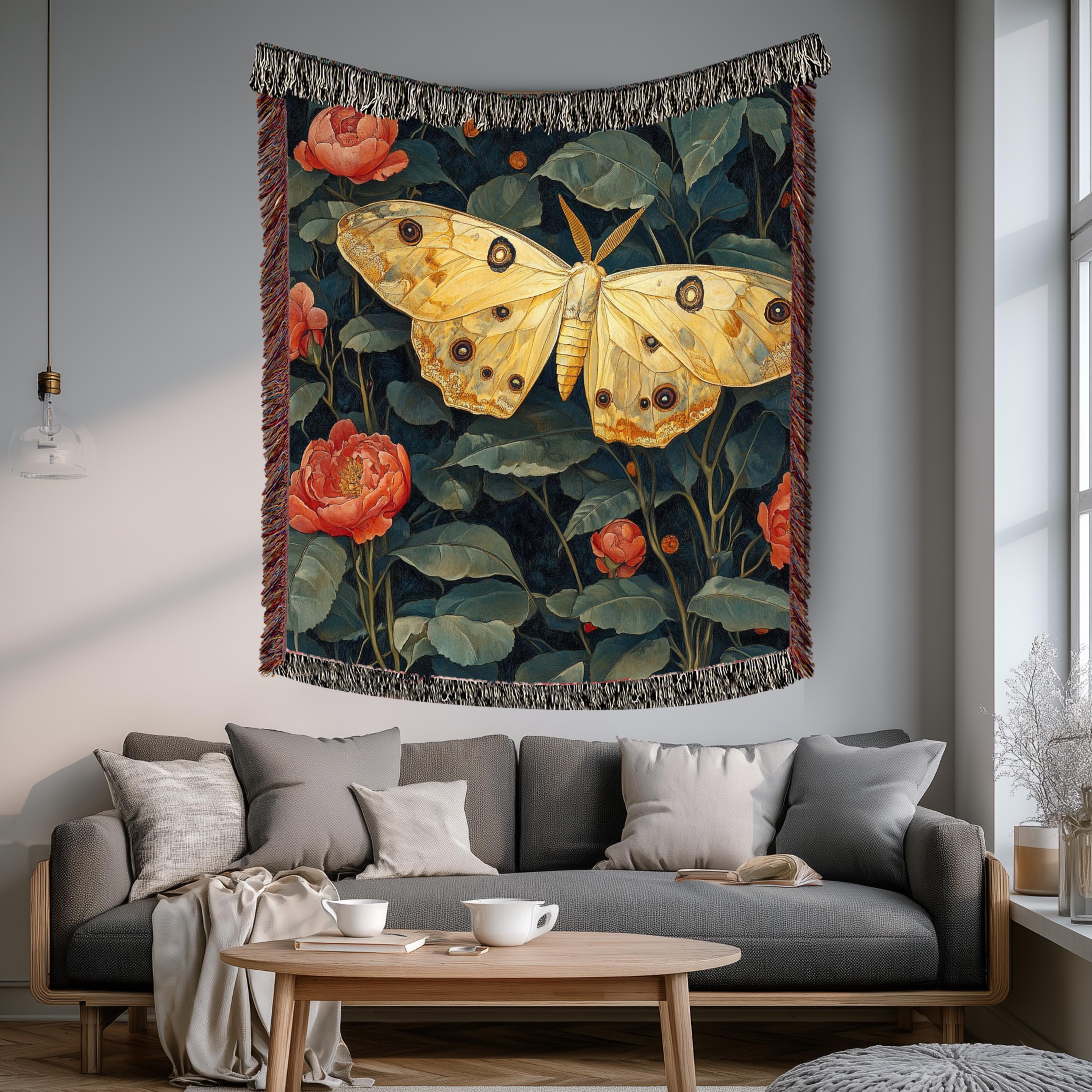Golden Moth Floral Woven Blanket, Vintage Garden Throw, Botanical Boho Tapestry, Elegant Nature Blanket Gift, Moody Home Decor Accent