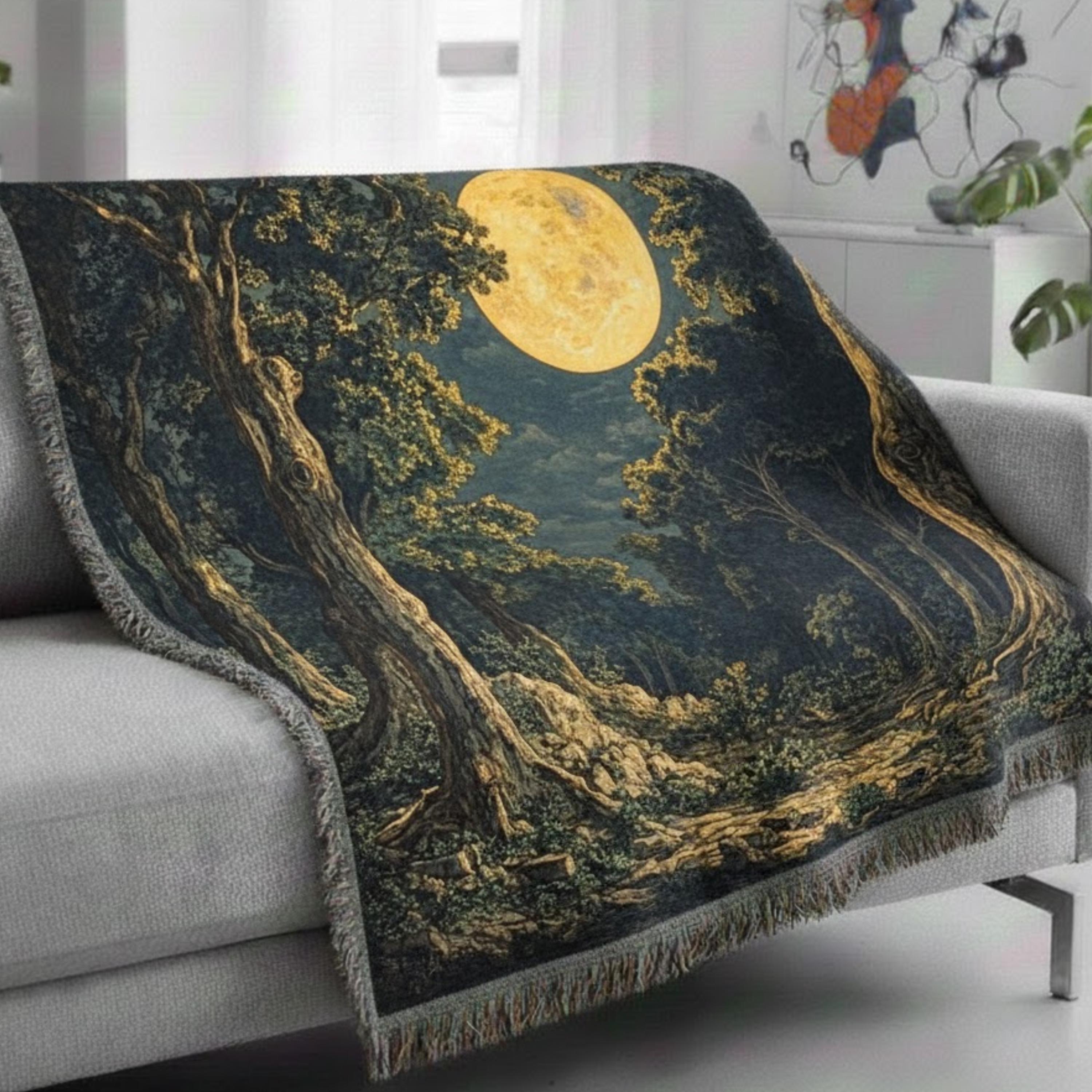 Moonlit Forest Woven Blanket, Enchanted Woodland Throw, Full Moon Nature Tapestry, Rustic Boho Blanket, Mystical Night Home Decor