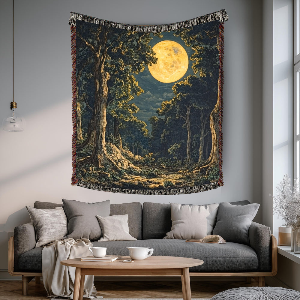 Moonlit Forest Woven Blanket, Enchanted Woodland Throw, Full Moon Nature Tapestry, Rustic Boho Blanket, Mystical Night Home Decor