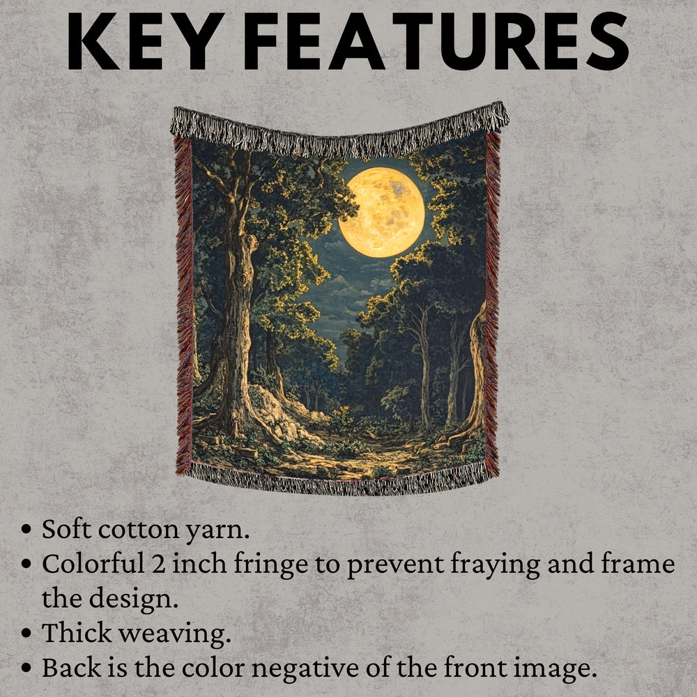 Moonlit Forest Woven Blanket, Enchanted Woodland Throw, Full Moon Nature Tapestry, Rustic Boho Blanket, Mystical Night Home Decor