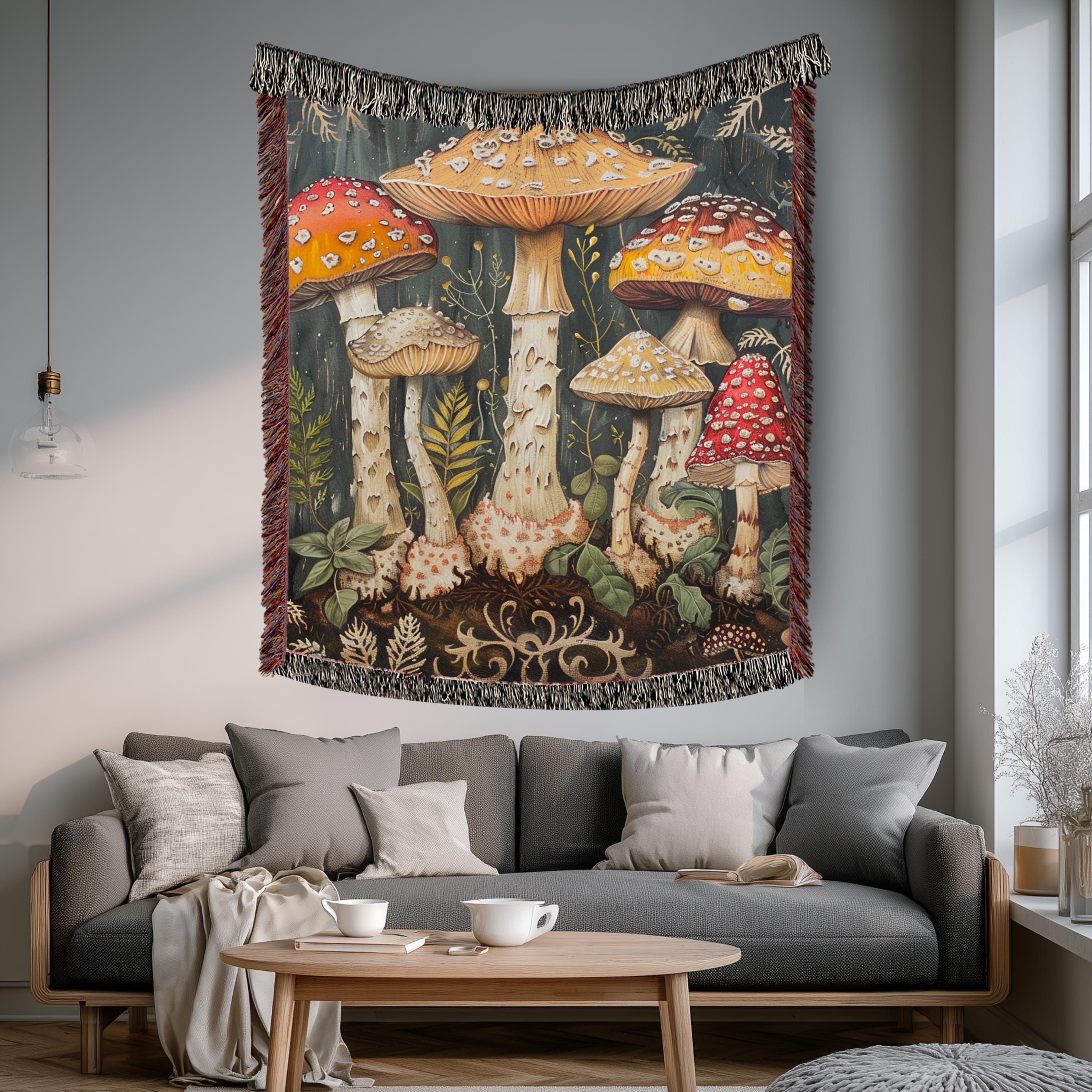 Mushroom Woven Blanket, Woodland Fungi Throw, Rustic Tapestry Wall Hanging, Cozy Sofa Blanket Gift, Forest Botanical Decor Accent