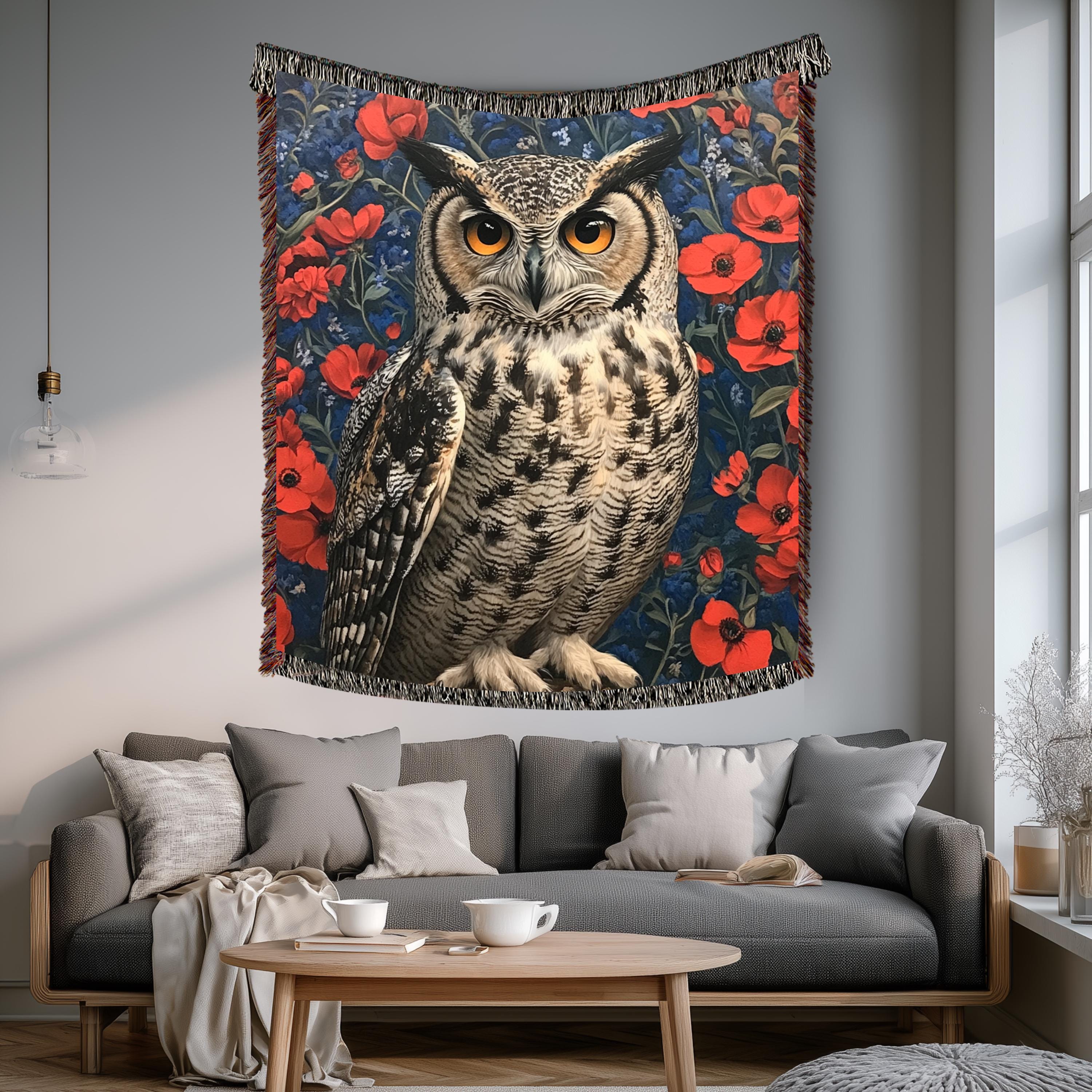 Owl Woven Blanket, Woodland Bird Throw, Floral Tapestry Wall Hanging, Cozy Sofa Blanket Gift, Enchanted Forest Decor Accent