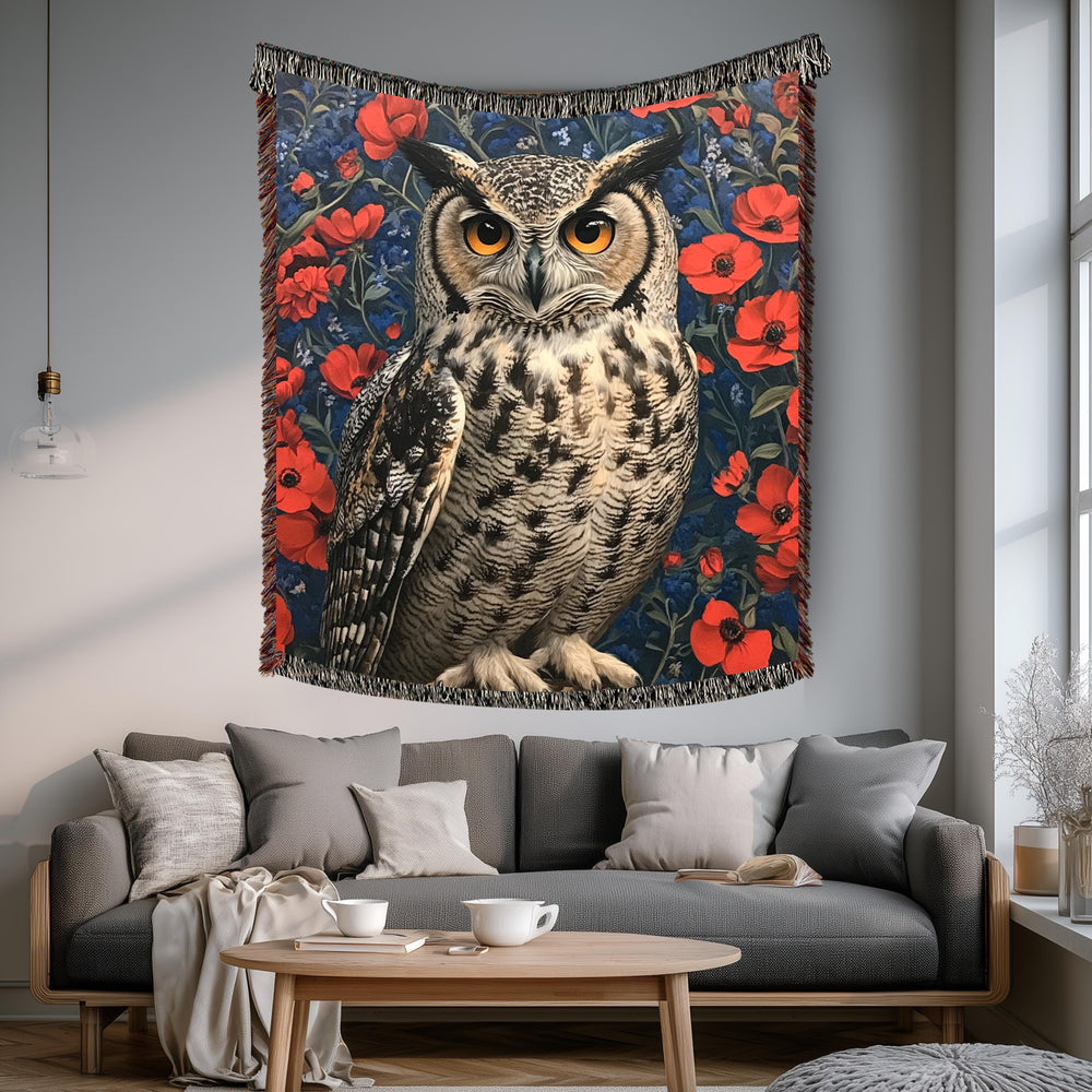 Owl Woven Blanket, Woodland Bird Throw, Floral Tapestry Wall Hanging, Cozy Sofa Blanket Gift, Enchanted Forest Decor Accent