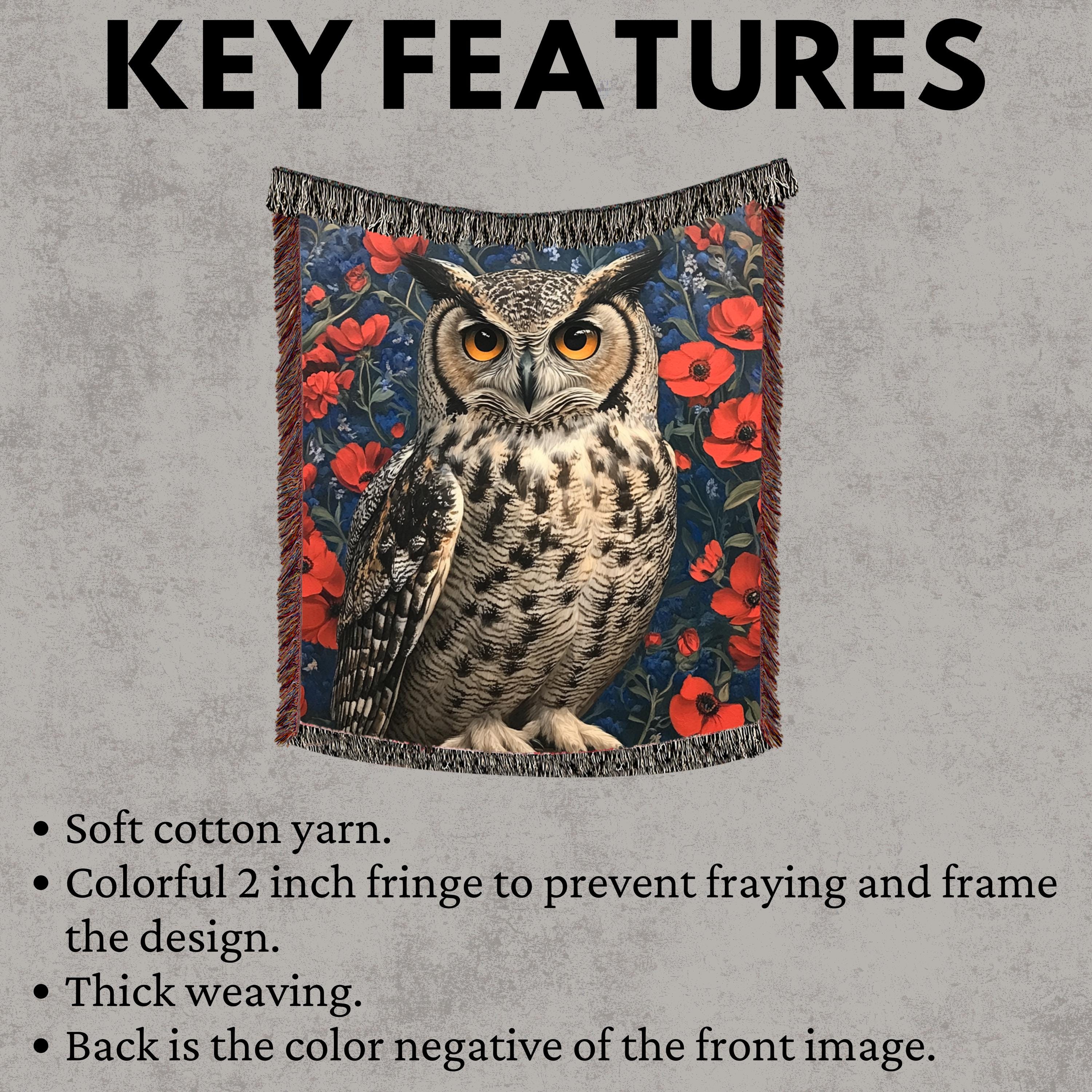 Owl Woven Blanket, Woodland Bird Throw, Floral Tapestry Wall Hanging, Cozy Sofa Blanket Gift, Enchanted Forest Decor Accent