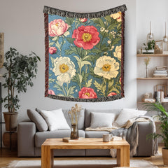 Poppy Floral Woven Blanket, Vintage Botanical Throw, Decorative Tapestry Wall Hanging, Cozy Sofa Blanket Gift, Garden Bloom Decor Accent
