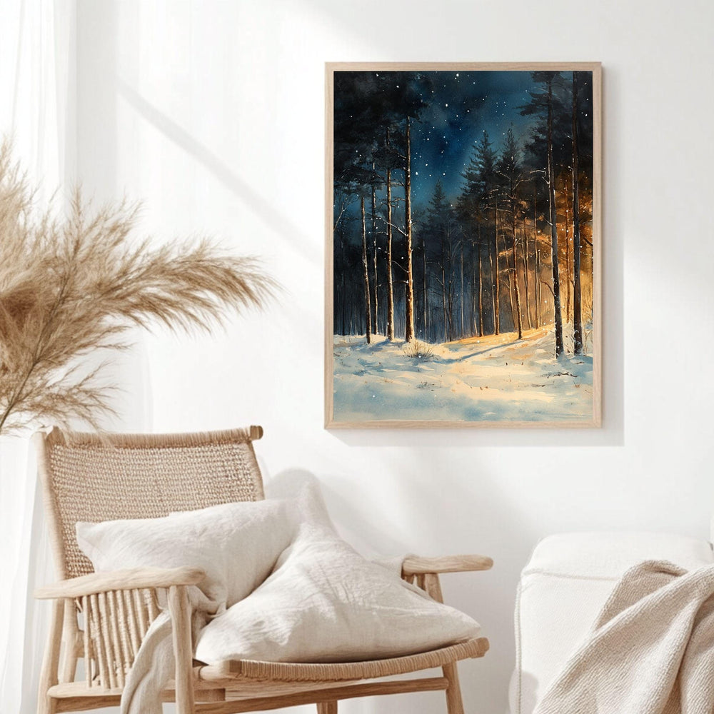 Winter Forest Glow Framed Canvas Art, Snowy Woodland Night Illumination Wall Decor