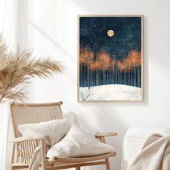 Moonlit Autumn Grove Framed Canvas Art, Starry Night Woodland Landscape Wall Decor