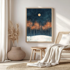 Moonlit Autumn Grove Framed Canvas Art, Starry Night Woodland Landscape Wall Decor