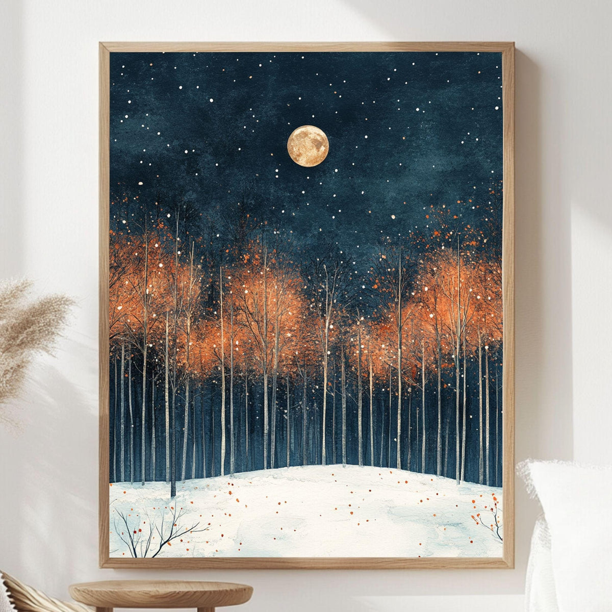 Moonlit Autumn Grove Framed Canvas Art, Starry Night Woodland Landscape Wall Decor