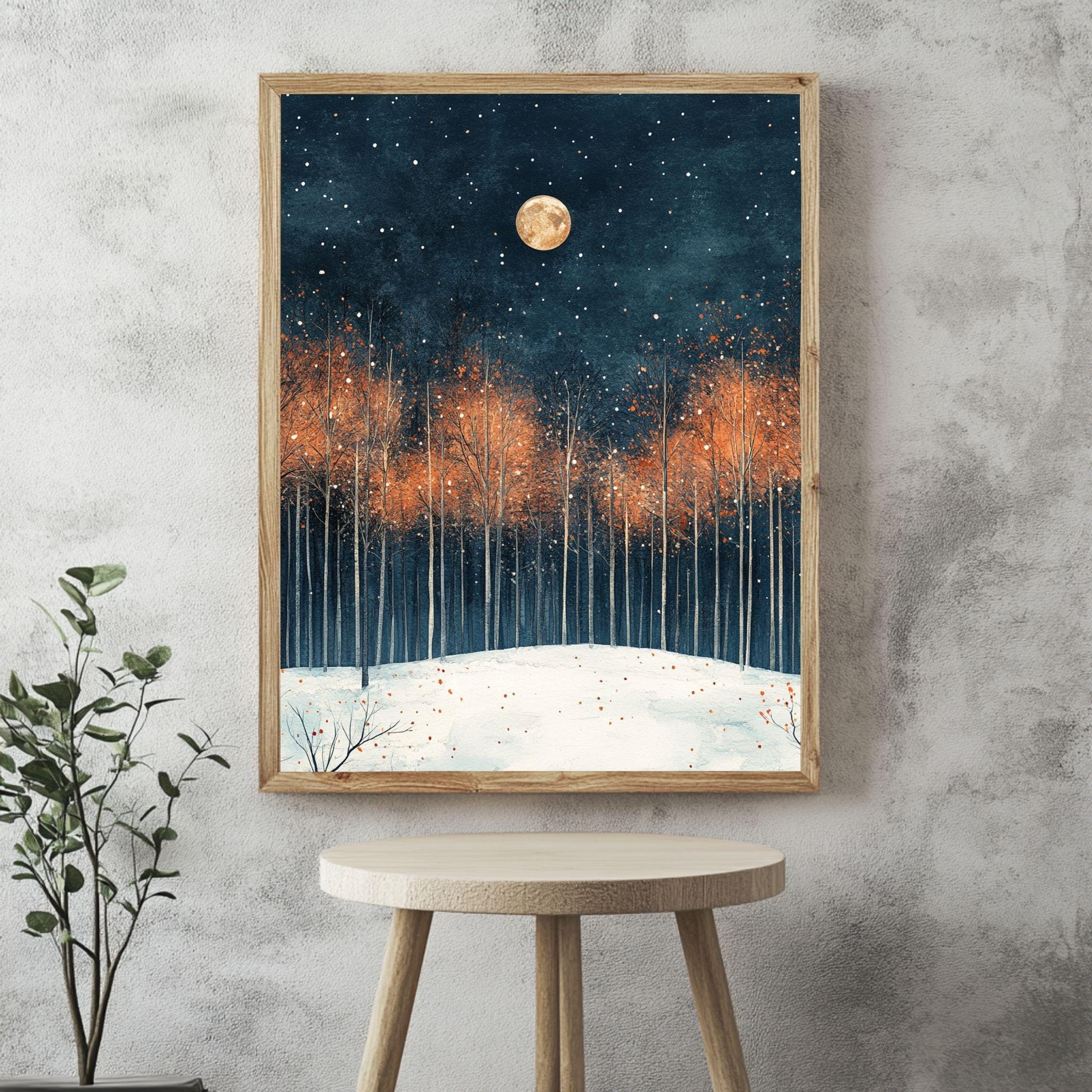 Moonlit Autumn Grove Framed Canvas Art, Starry Night Woodland Landscape Wall Decor