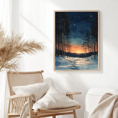 Sunset Forest Trail Framed Canvas Art, Snowy Woodland Glow Winter Wall Decor
