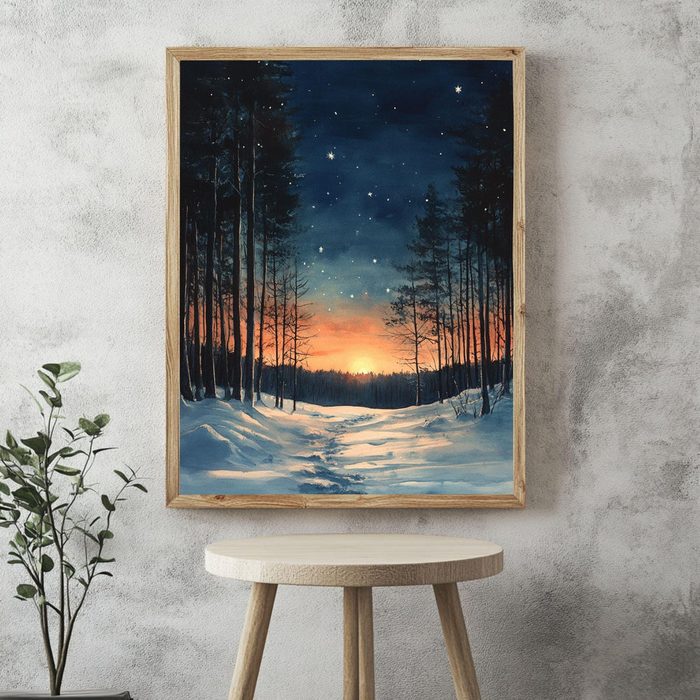 Sunset Forest Trail Framed Canvas Art, Snowy Woodland Glow Winter Wall Decor
